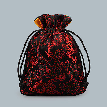 Chinese Style Silk Drawstring Jewelry Gift Bags, Jewelry Storage Pouches, Lining Random Color, Rectangle with Dragon Pattern, Dark Red, 15x11.5cm