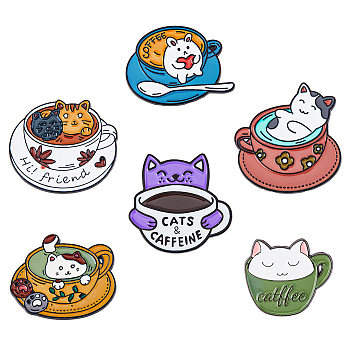 6Pcs 6 Style Cat with Cup Enamel Pin, Alloy Badge for Backpack Clothes, Mixed Color, 23~34x26~33x1.4~1.7mm, Pin: 1.2mm, 1Pc/style