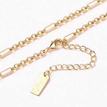 Brass Figaro Chain Necklaces, with Lobster Claw Clasps, Long-Lasting Plated, Word Hand Made, Real 18K Gold Plated, 15-3/4 inch(40cm)