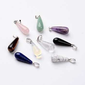 Teardrop Platinum Tone Brass Natural & Synthetic Mixed Stone Pendants, 30x10mm, Hole: 5x8mm