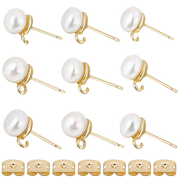 6 Pairs Natural Pearl Round Stud Earrings Findings, with Brass Findings & Vertical Loops, Cadmium Free & Lead Free, with 12Pcs Ear Nuts, Real 18K Gold Plated, 10x7.5mm, Hole: 0.6mm, Pin: 0.6mm