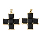 Brass Micro Pave Cubic Zirconia Pendants, Cross Charms, Rack Plating, Long-Lasting Plated, Cadmium Free & Lead Free, Real 18K Gold Plated, Black, 29x26.5x5.5mm, Hole: 3x4.5mm(KK-Z146-03G-03)