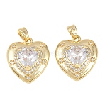 Brass Micro Pave Cubic Zirconia Pendants, with Glass, Heart Charms, Long-Lasting Plated, Rack Plating, Golden, Clear, 19x17x5.5mm, Hole: 4.5X2.5mm(KK-H257-05G-01)