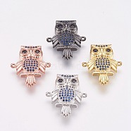 Brass Micro Pave Cubic Zirconia Links, Owl, Royal Blue, Mixed Color, 24x20x4.5mm, Hole: 1mm(ZIRC-P075-07)