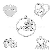 30Pcs 5 Style 201 & 304 Stainless Steel Pendants, Mixed Shapes, Mother's Day Theme, Stainless Steel Color, 10~22x13~19.5x1mm, Hole: 1.2~1.5mm, 6pcs/style(STAS-HY0001-17)