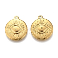 Vacuum Plating 304 Stainless Steel Pendants, Flat Round with Evil Eye, Golden, 19.5x17x2.5mm, Hole: 1.4mm(STAS-K207-60G)