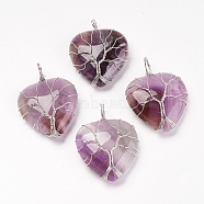 Natural Amethyst Pendants, with Brass Findings, Heart, Platinum, 39~42x30~31x10~11mm, Hole: 5mm(G-G713-F08)