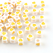 Opaque Acrylic European Beads, Large Hole Cube Beads, with Heart Pattern, Yellow, 7x7x7mm, Hole: 4mm, about 1900pcs/500g(OPDL-S078-08)