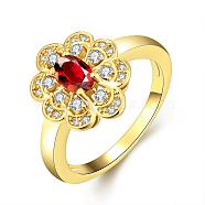 Classic Flower Brass Cubic Zirconia Rings for Women, Red, Golden, US Size 8(18.1mm)(RJEW-BB01936-8G)