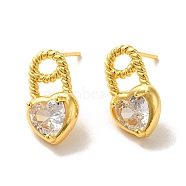 Heart Brass Micro Pave Cubic Zirconia Stud Earrings, with 925 Sterling Silver Pins, Real 18K Gold Plated, 15.5x9mm(EJEW-H128-01G)