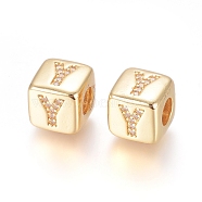 Brass Micro Pave Cubic Zirconia European Beads, Horizontal Hole, Large Hole Beads, Long-Lasting Plated, Cube with Letter, Golden, Clear, Letter.Y, 9x9x9.5mm, Hole: 4.5mm(ZIRC-G162-13G-Y)