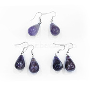 Natural Amethyst Dangle Earrings, with Brass Earring Hooks, Drop, Platinum, 43mm, Pin: 0.5mm(EJEW-P143-C19)