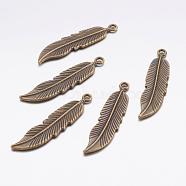 Tibetan Style Alloy Pendants, Feather, Lead Free and Cadmium Free, Antique Bronze, 45.5x11x2.5mm, Hole: 2mm(X-K08SP071)