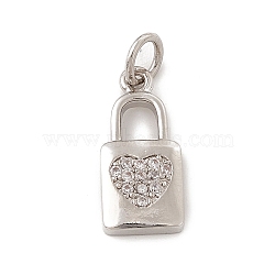 Brass Micro Pave Clear Cubic Zirconia Pendants, with Open Jump Rings, Lock Charms with Heart Pattern, Platinum, 16x7x2mm, Jump Ring: 4.5x0.7mm, Inner Diameter: 3mm (ZIRC-F132-51P)