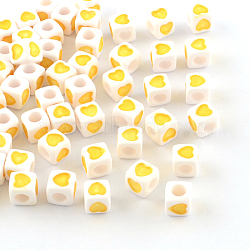 Opaque Acrylic European Beads, Large Hole Cube Beads, with Heart Pattern, Yellow, 7x7x7mm, Hole: 4mm, about 1900pcs/500g(OPDL-S078-08)