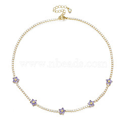 Cubic Zirconia Classic Tennis Necklace with Flower Links, Golden Brass Jewelry for Women, Medium Purple, 14.37 inch(36.5cm)(NJEW-N048-01D)