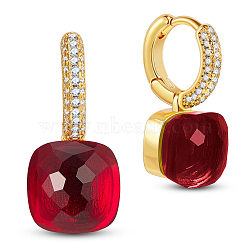 SHEGRACE Brass Dangle Earrings, with Grade AAA Cubic Zirconia and Glass, Square, Real 18K Gold Plated, Red, 21mm(JE829C)