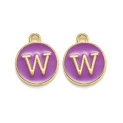 Golden Plated Alloy Enamel Charms, Enamelled Sequins, Flat Round with Alphabet, Letter.W, Purple, 14x12x2mm, Hole: 1.5mm(ENAM-Q437-12W)