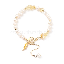 Natural Citrine Chips & Pearl Beaded Bracelet with Enamel Lighting Bolt Charms, Gemstone Jewelry for Women, Golden, 7-5/8 inch(19.5cm)(BJEW-JB08332-09)