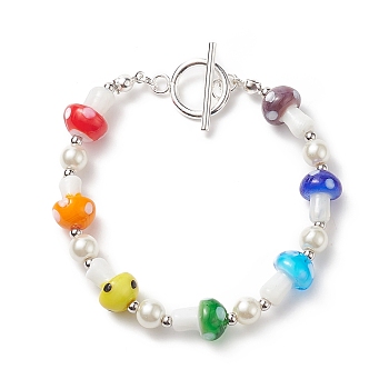 Lampwork Mushroom & Glass Pearl Beaded Bracelet with 304 Stainless Steel Toggle Clasps for Women, Colorful, 7-5/8 inch(19.4cm)