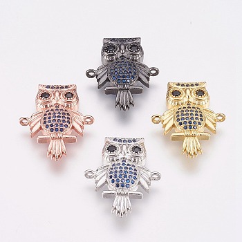 Brass Micro Pave Cubic Zirconia Links, Owl, Royal Blue, Mixed Color, 24x20x4.5mm, Hole: 1mm