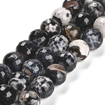 Natural Fire Crackle Agate Beads Strands, Dyed & Heated, Round, Faceted, Black, 13.5~14mm, Hole: 1.4mm, about 28~29pcs/strand, 15.16 inch(38.5cm)