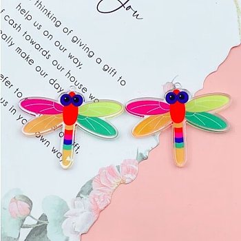 Rainbow Color Printed Acrylic Pendants, Dragonfly Pattern, 31x42x2mm, Hole: 1.6mm