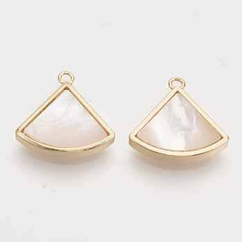 Shell Charms, with Brass Findings, Nickel Free, Triangle, Real 18K Gold Plated, 15x15x2.5mm, Hole: 1.2mm