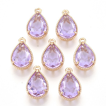 Transparent Glass Pendants, with Golden Tone Brass Findings, Faceted, Teardrop, Violet, 19x12x8.5mm, Hole: 1.5mm