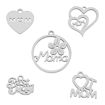 30Pcs 5 Style 201 & 304 Stainless Steel Pendants, Mixed Shapes, Mother's Day Theme, Stainless Steel Color, 10~22x13~19.5x1mm, Hole: 1.2~1.5mm, 6pcs/style