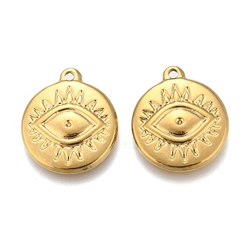 Vacuum Plating 304 Stainless Steel Pendants, Flat Round with Evil Eye, Golden, 19.5x17x2.5mm, Hole: 1.4mm
