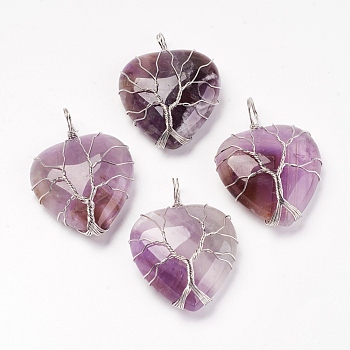 Natural Amethyst Pendants, with Brass Findings, Heart, Platinum, 39~42x30~31x10~11mm, Hole: 5mm