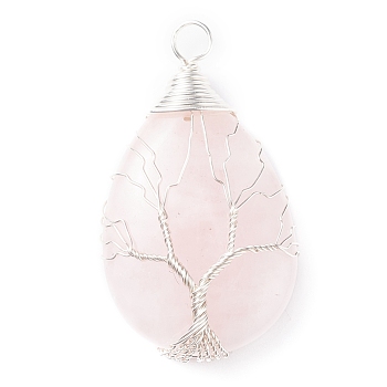 Natural Rose Quartz Pendants, with Silver Tone Copper Wire Wrapped Tree, Teardrop, 46x26x12mm, Hole: 5mm