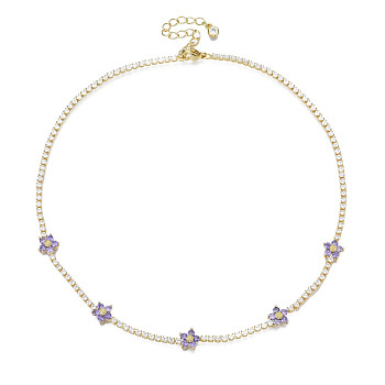 Cubic Zirconia Classic Tennis Necklace with Flower Links, Golden Brass Jewelry for Women, Medium Purple, 14.37 inch(36.5cm)