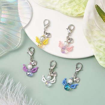 5Pcs Angel Glass Seed Beads Pendant Decorations, Lobster Clasp Charm for Bag Ornaments, Mixed Color, 39mm