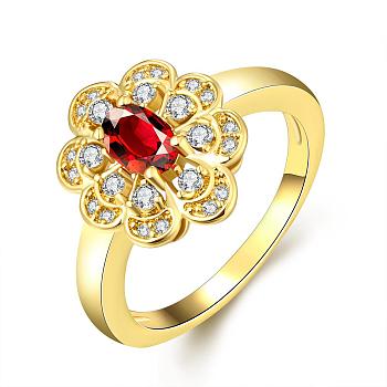 Classic Flower Brass Cubic Zirconia Rings for Women, Red, Golden, US Size 8(18.1mm)