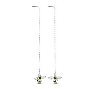 SHEGRACE Rhodium Plated 925 Sterling Silver Dangle Earrings, Ear Thread, with Epoxy Resin and Cable Chains, Bees, Platinum, 92mm