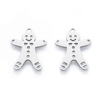 201 Stainless Steel Pendants, Gingerbread Man, Christmas Style, Stainless Steel Color, 20x16x1mm, Hole: 1.4mm