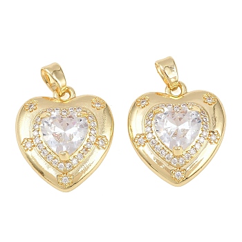 Brass Micro Pave Cubic Zirconia Pendants, with Glass, Heart Charms, Long-Lasting Plated, Rack Plating, Golden, Clear, 19x17x5.5mm, Hole: 4.5X2.5mm