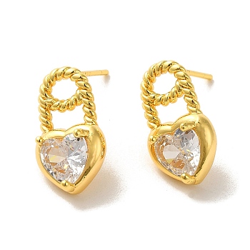 Heart Brass Micro Pave Cubic Zirconia Stud Earrings, with 925 Sterling Silver Pins, Real 18K Gold Plated, 15.5x9mm