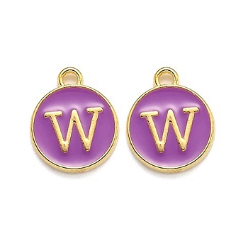 Golden Plated Alloy Enamel Charms, Enamelled Sequins, Flat Round with Alphabet, Letter.W, Purple, 14x12x2mm, Hole: 1.5mm