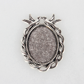 Tibetan Style Alloy Pendant Cabochon Settings, Cadmium Free & Lead Free, Oval with Birds, Antique Silver, Tray: 18x25mm, 38x27x2mm, Hole: 3x4mm, about 190pcs/kg