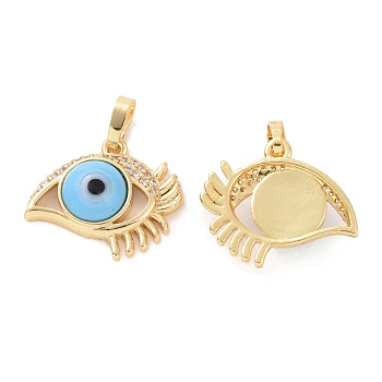 Brass Micro Pave Cubic Zirconia Pendants, with Handmade Evil Eye Lampwork, Eye Charm, Real 18K Gold Plated, Light Sky Blue, 17x20x4.5mm, Hole: 4x6mm
