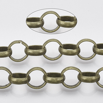 Iron Rolo Chains, Unwelded, Round, Cadmium Free & Nickel Free & Lead Free, with Spool, Antique Bronze, 12x3mm, about 65.61 Feet(20m)/roll