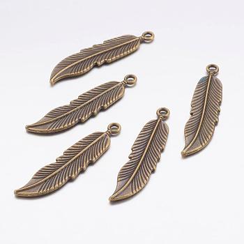 Tibetan Style Alloy Pendants, Feather, Lead Free and Cadmium Free, Antique Bronze, 45.5x11x2.5mm, Hole: 2mm