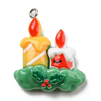 Opaque Resin Pendants, Christmas Charms with Platinum Plated Iron Loops, Christmas Candle, Green, Others, 30.5x25x8mm, Hole: 2mm