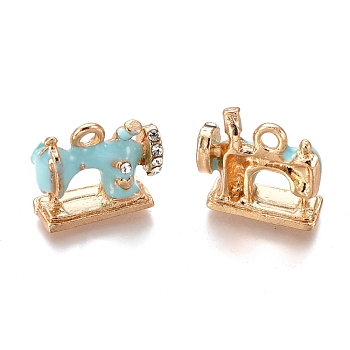 Alloy Pendants, with Enamel and Crystal Rhinestone, Sewing Machine, Golden, Cyan, 13.5x16x6mm, Hole: 2mm