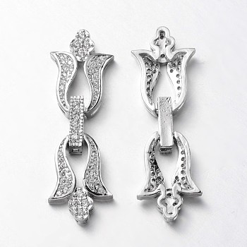Flower Brass Micro Pave Cubic Zirconia Fold Over Clasps, Lead Free & Nickel Free, Platinum, 39x13x5mm, Hole: 2x1mm