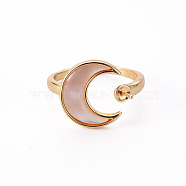 Brass Peg Bails Cuff Finger Ring Settings, with Natural Shell, for Half Drilled Bead, Nickel Free, Moon, Real 18K Gold Plated, US Size 6(16.5mm), Pin: 0.8mm(X-KK-T062-70G-NF)