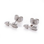 304 Stainless Steel Stud Earrings, Hypoallergenic Earrings, with Ear Nuts/Earring Back, Arrow, Stainless Steel Color, 10x3mm, Pin: 0.8mm(X-EJEW-F227-13P)